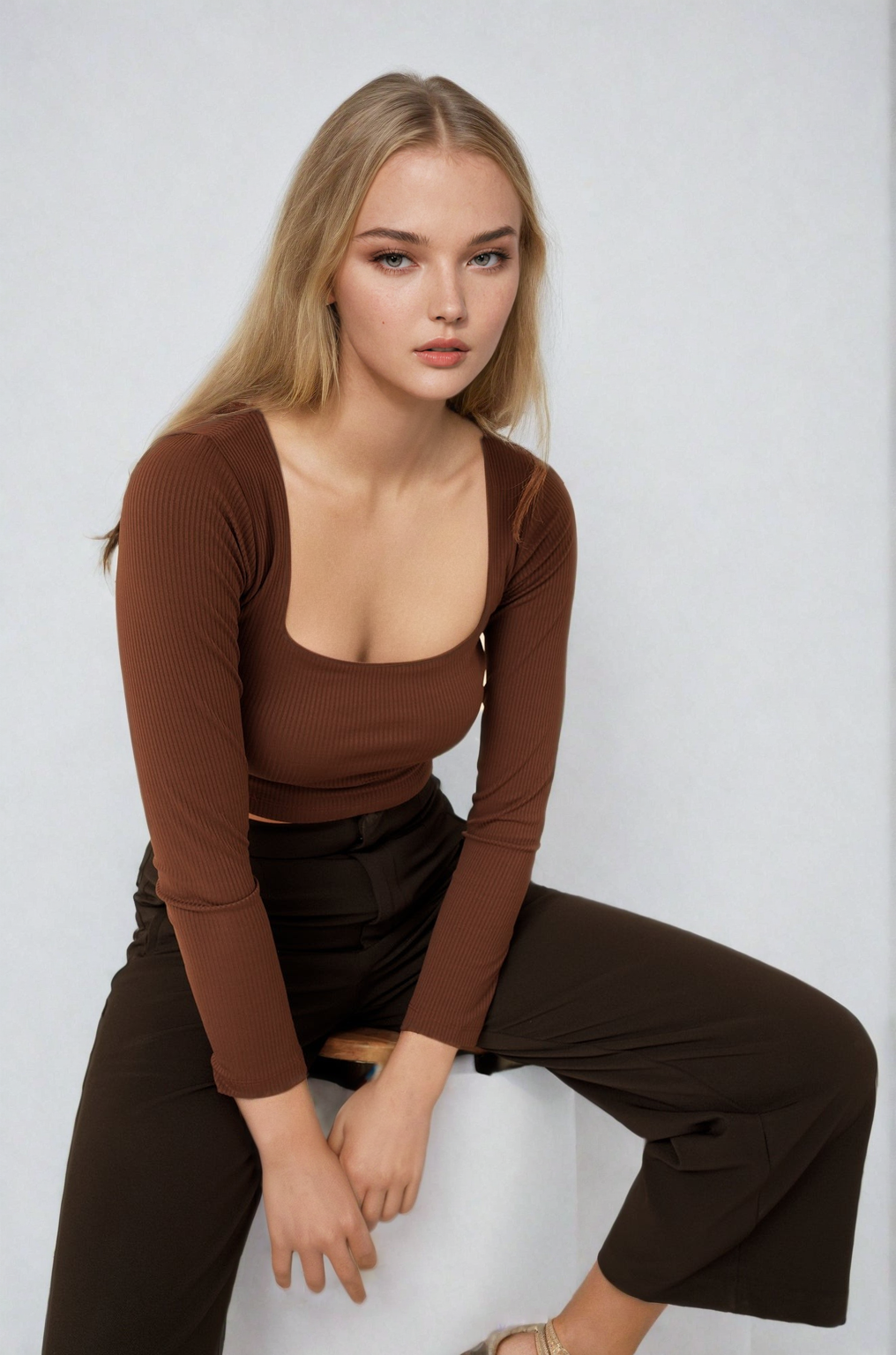 MWB Ribbed Square Neck Long Sleeve Top - Main Image