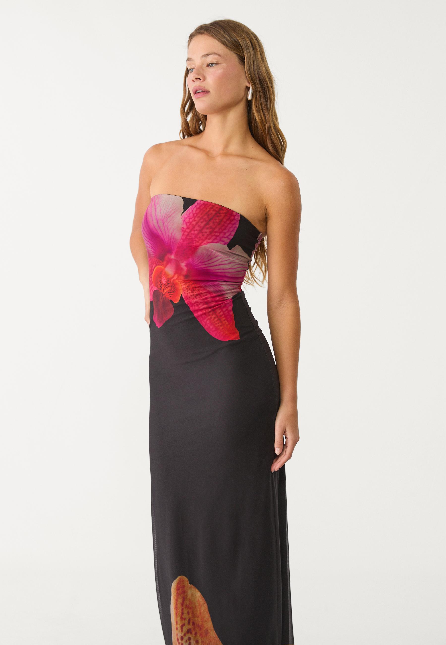 MWB Long Printed Tulle Dress With Bandeau Neckline