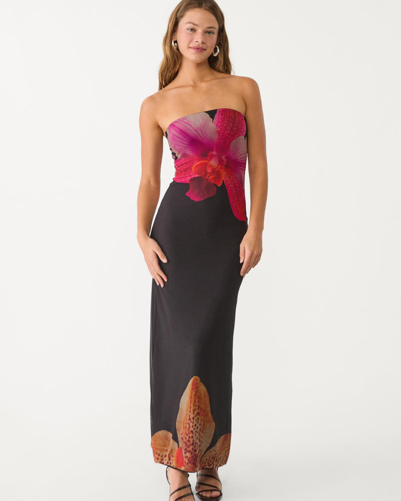 MWB Long Printed Tulle Dress With Bandeau Neckline