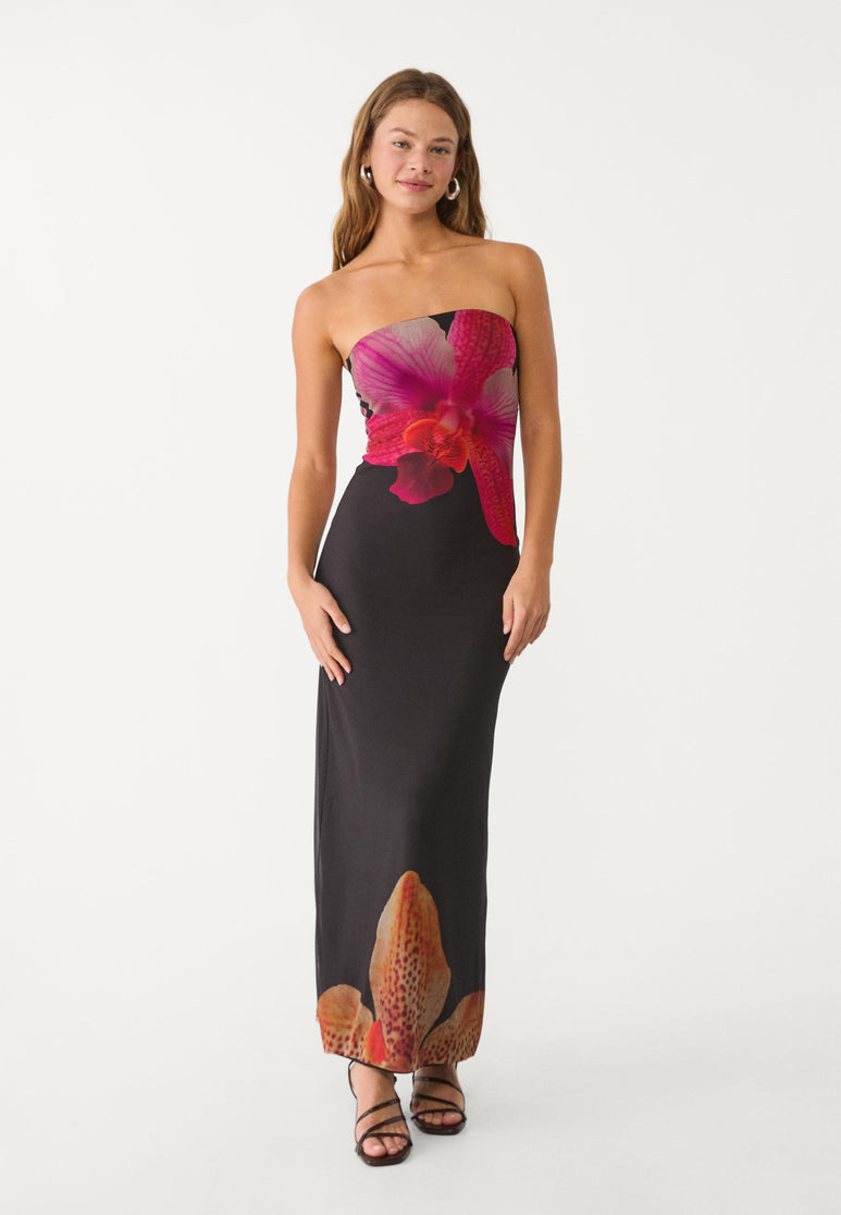MWB Long Printed Tulle Dress With Bandeau Neckline