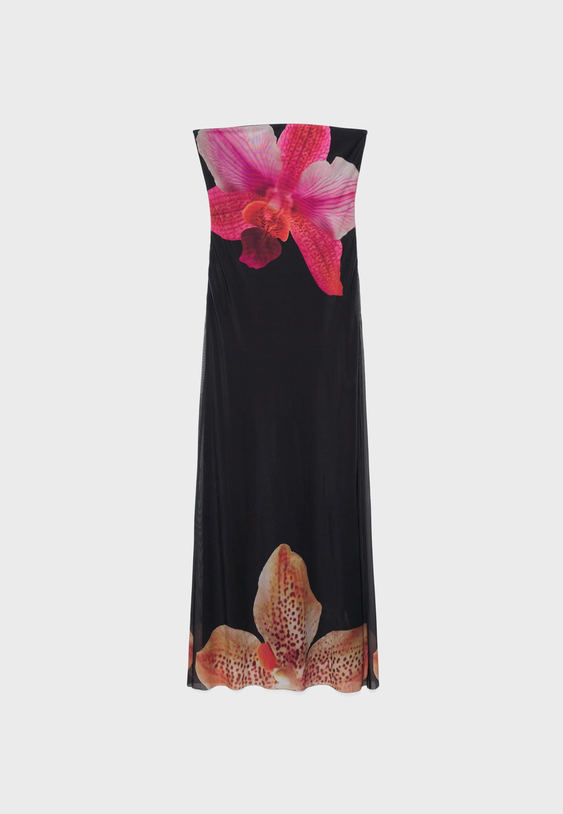 MWB Long Printed Tulle Dress With Bandeau Neckline