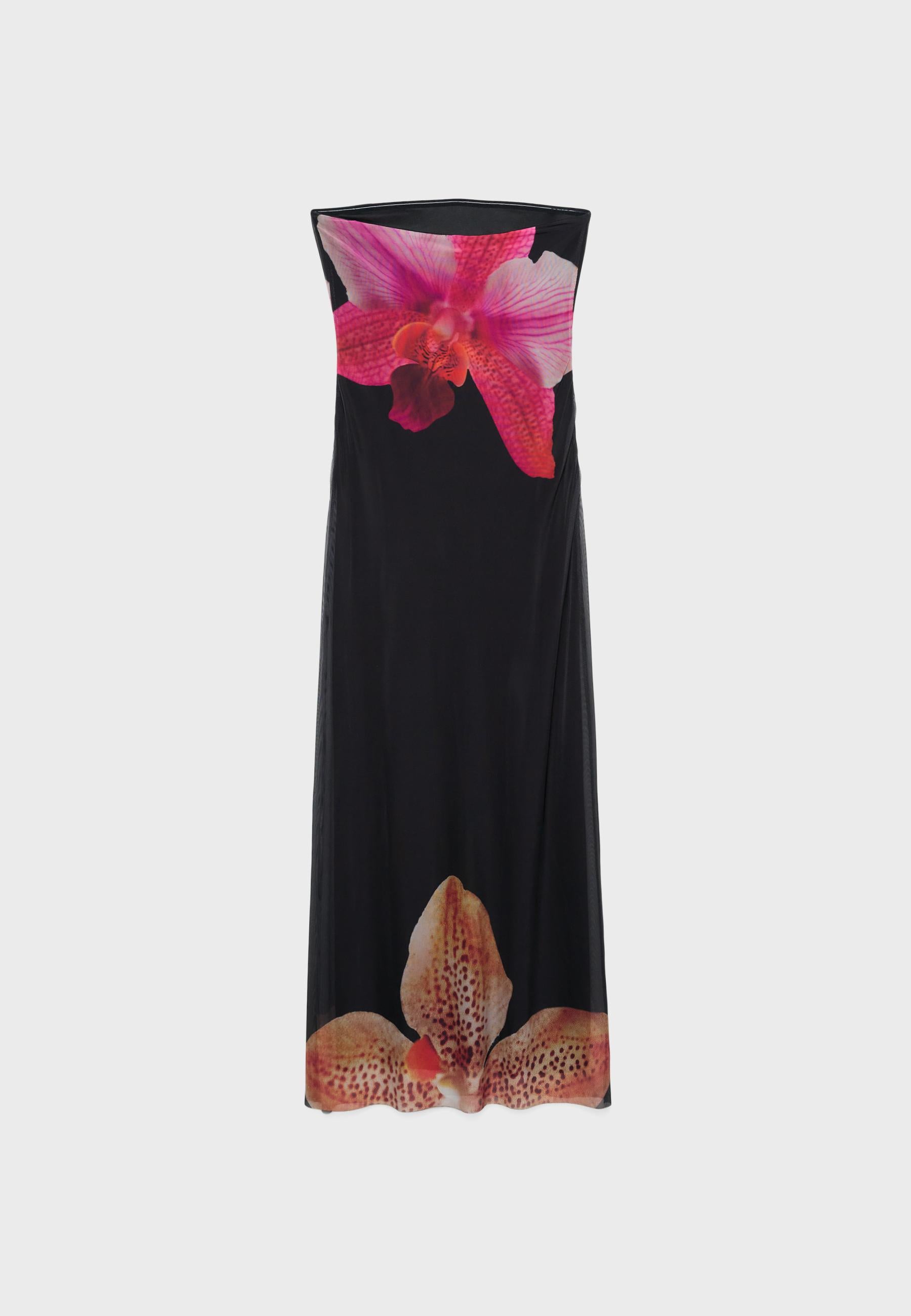 MWB Long Printed Tulle Dress With Bandeau Neckline
