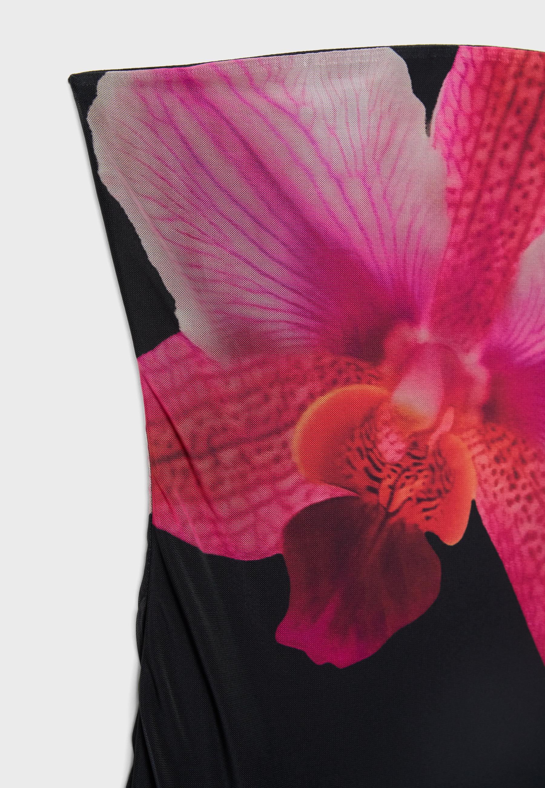 MWB Long Printed Tulle Dress With Bandeau Neckline