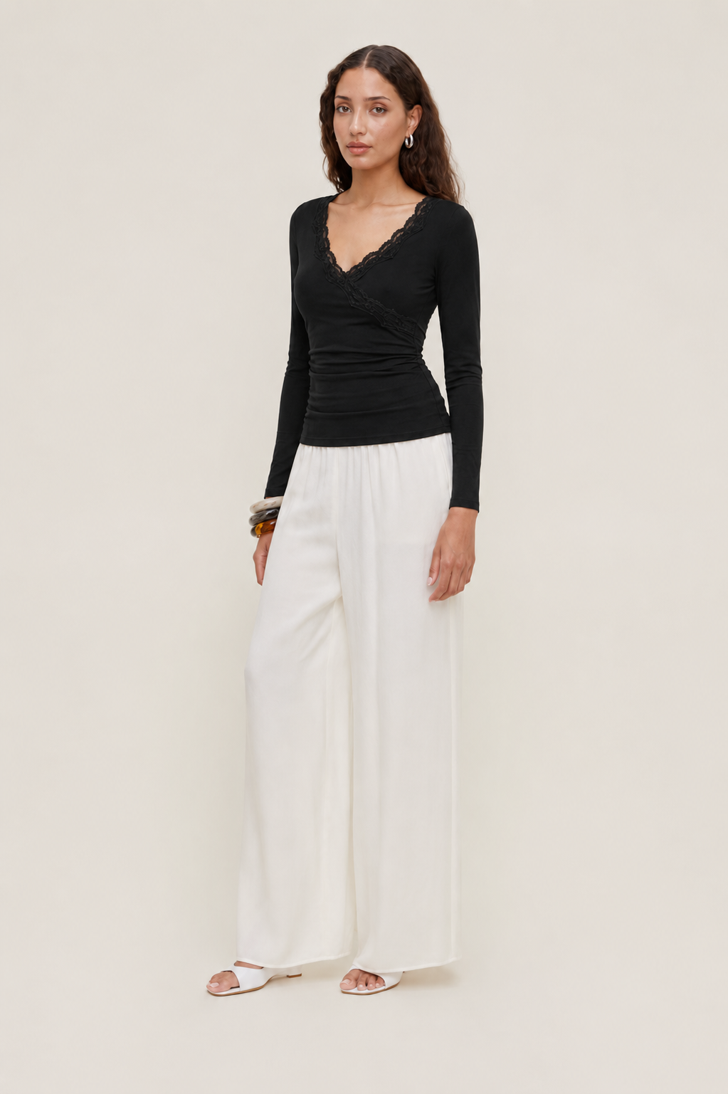 V-neck Solid Lace Trim Ruched Long Sleeve Top MYWISHBAG