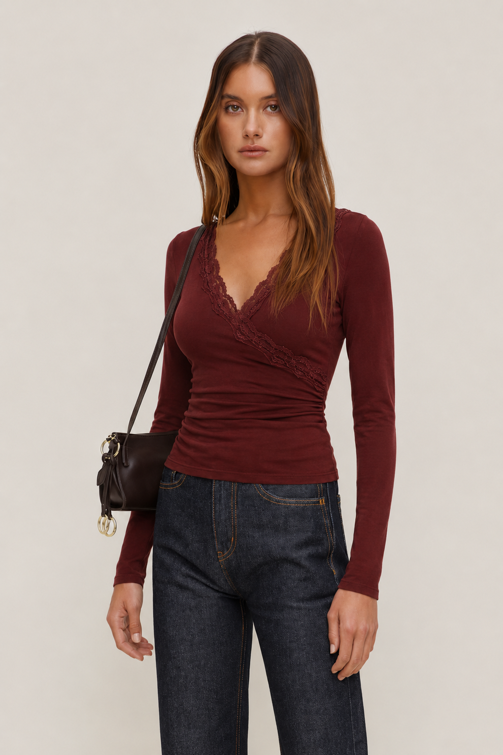 V-neck Solid Lace Trim Ruched Long Sleeve Top MYWISHBAG