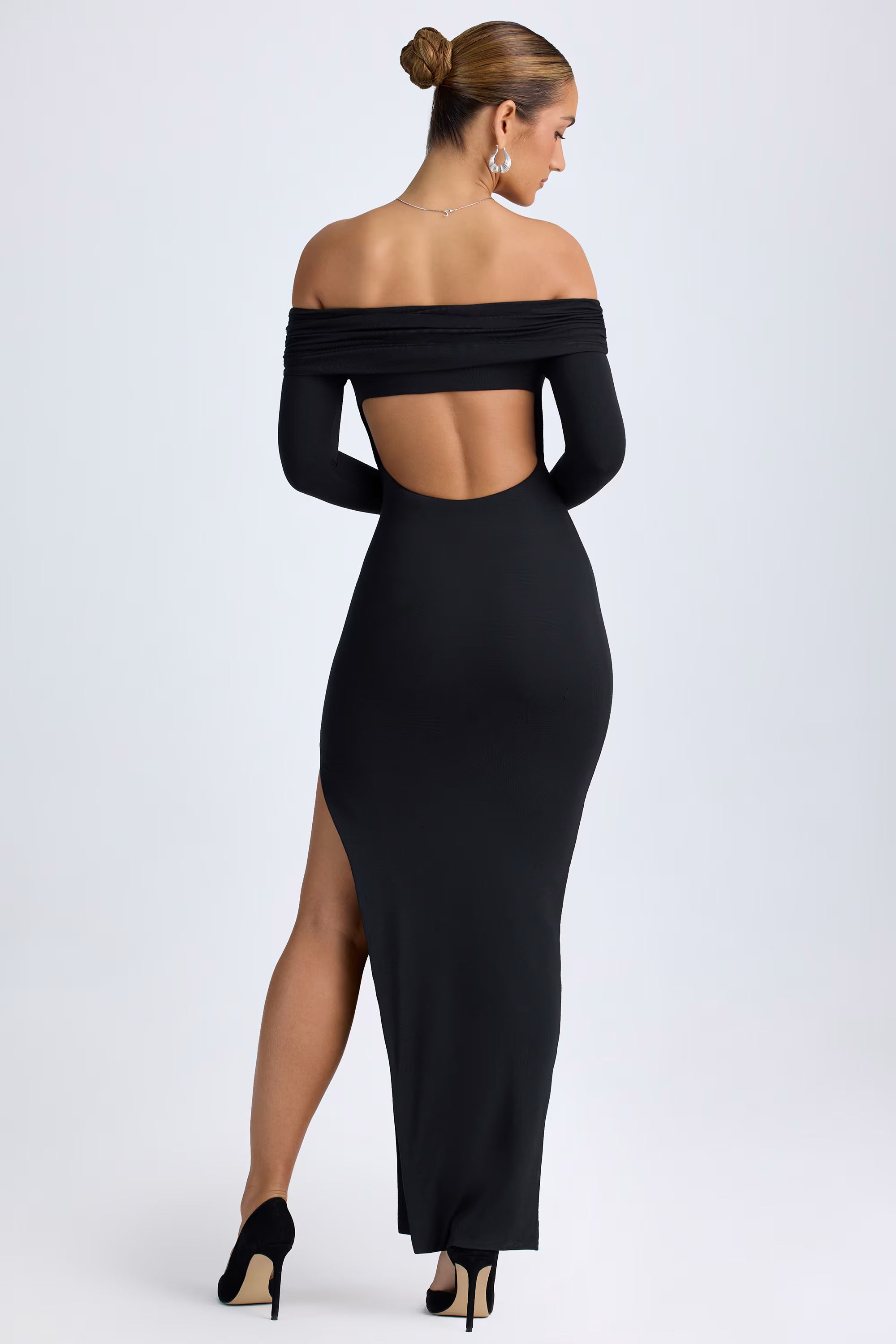 MWB Off-Shoulder Open-Back Maxi Dress in Black MYWISHBAG