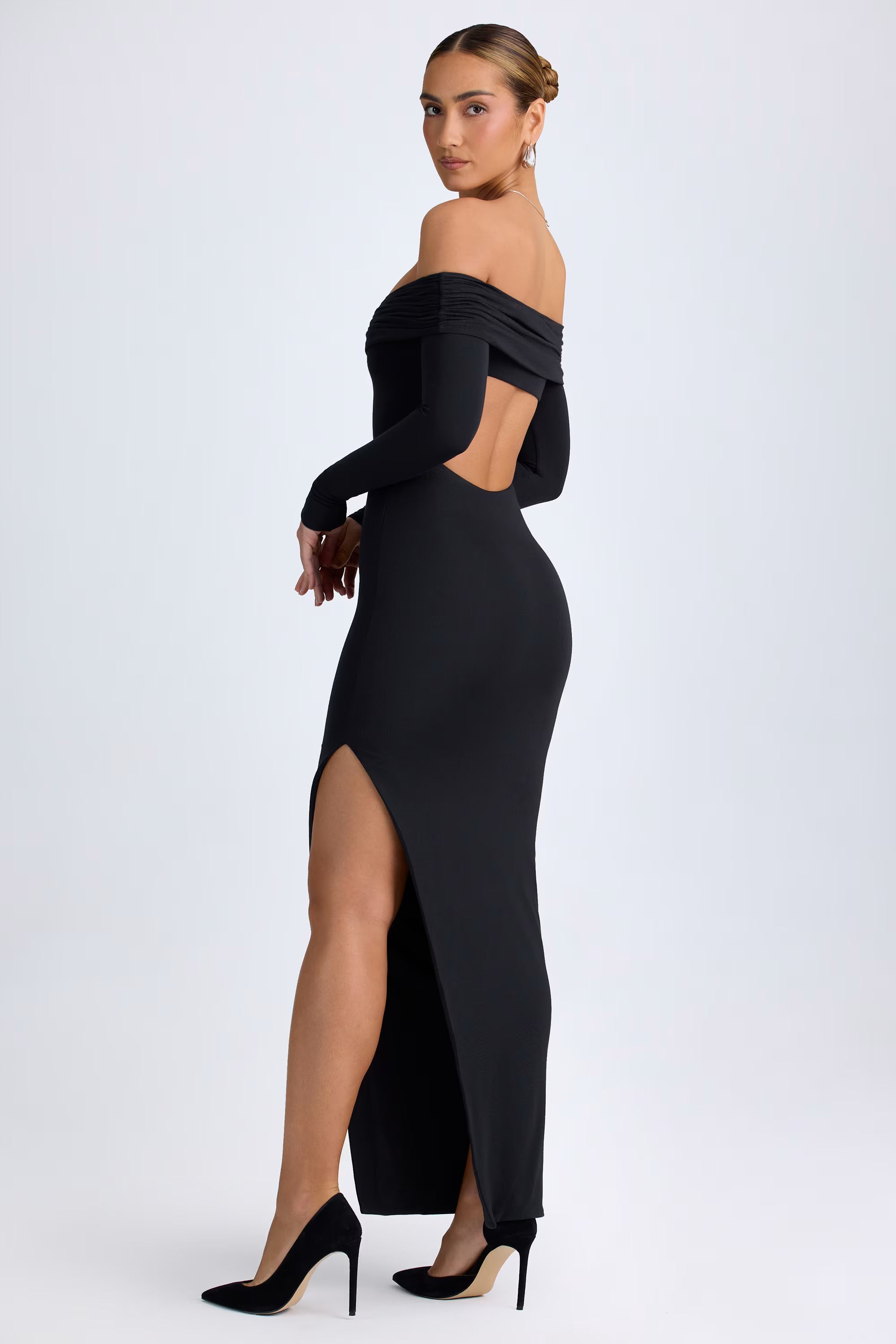 MWB Off-Shoulder Open-Back Maxi Dress in Black MYWISHBAG