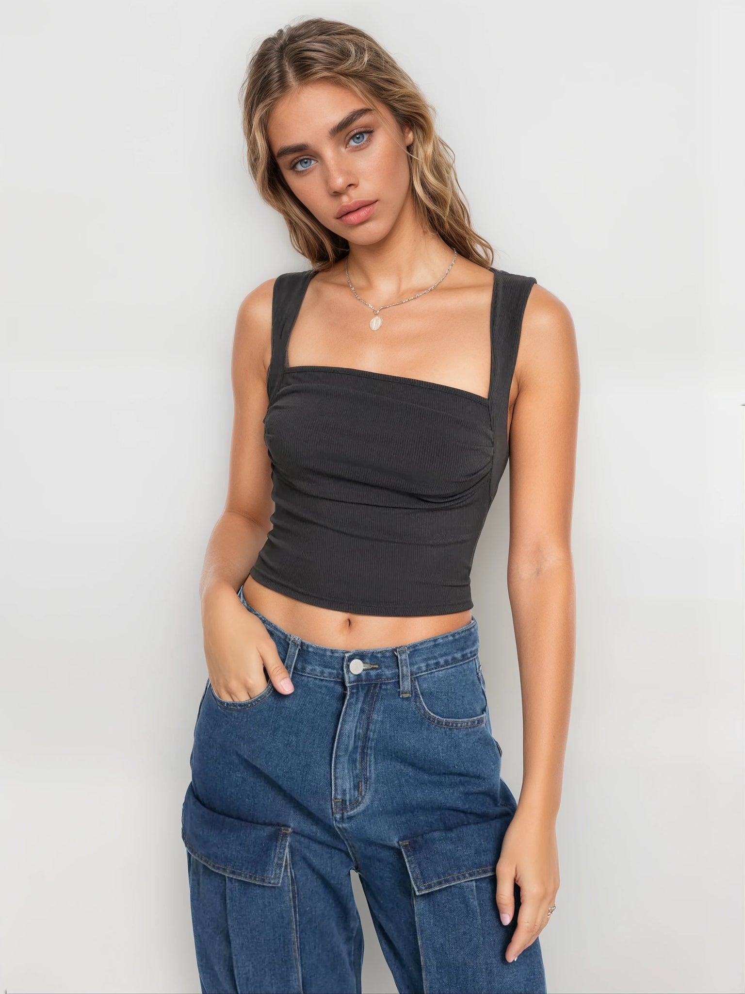 MWB Solid Ruched Square Neck Crop Top