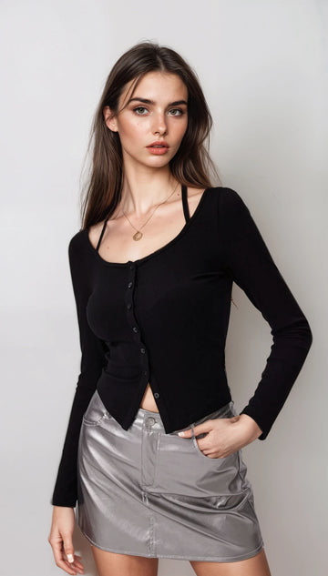 MWB Halter Neckline Button Long Sleeve Top