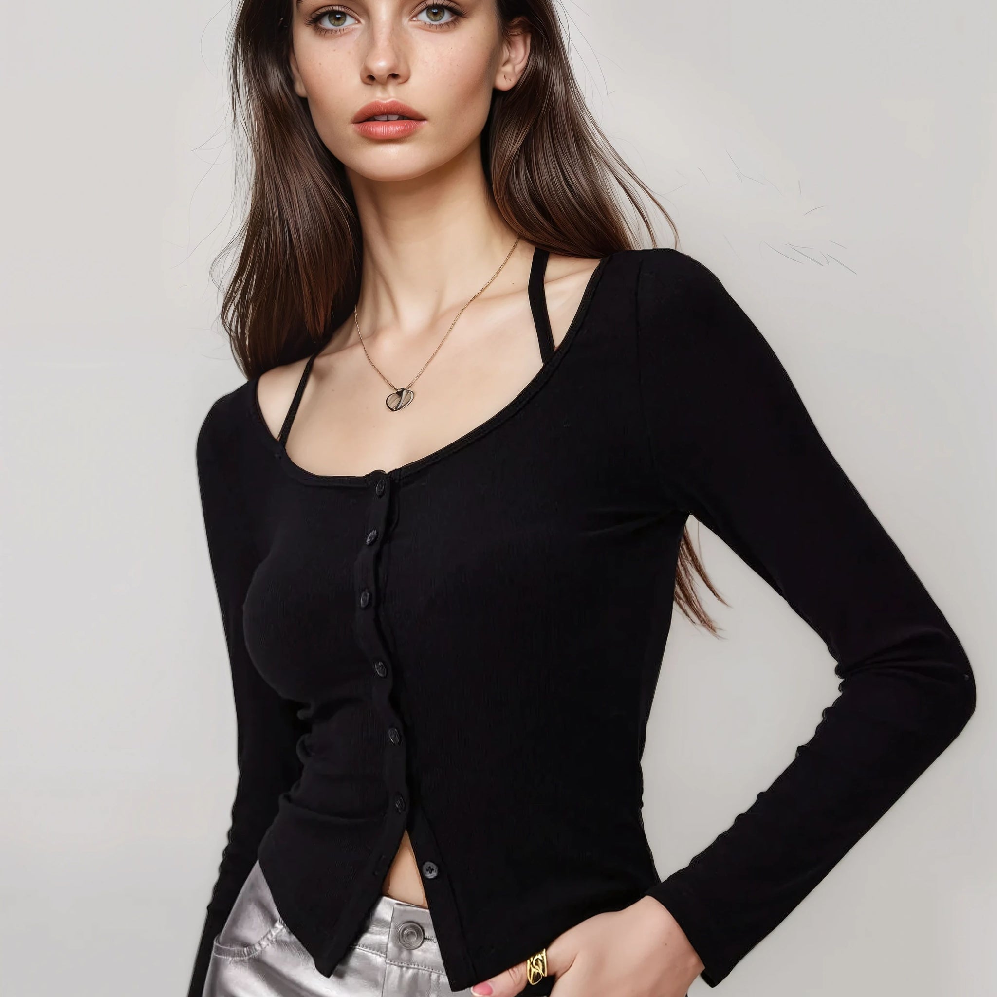 MWB Halter Neckline Button Long Sleeve Top