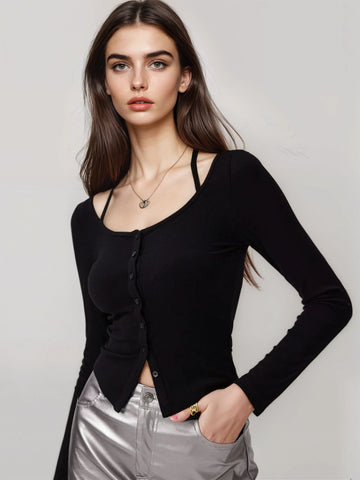 MWB Halter Neckline Button Long Sleeve Top