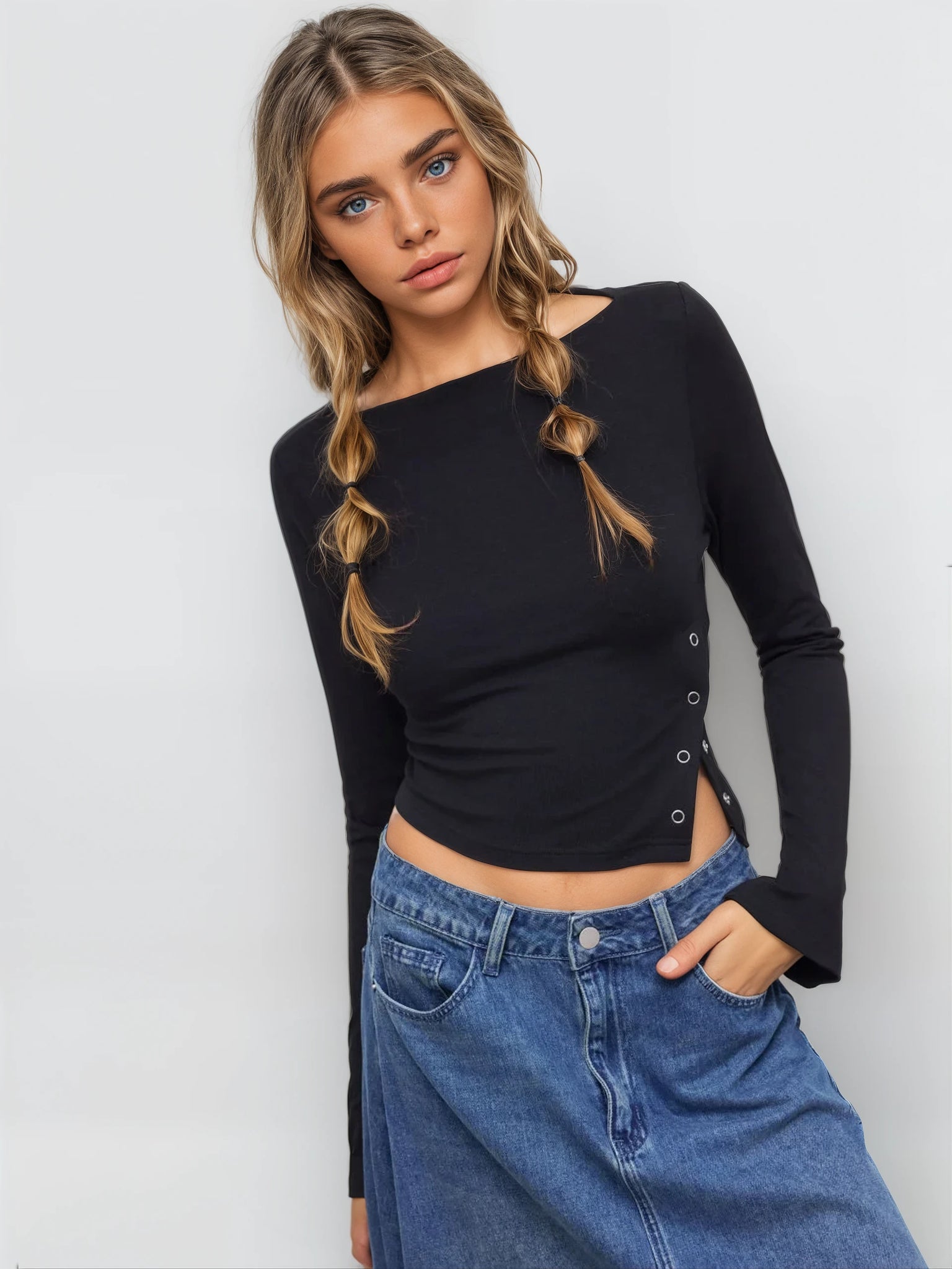 MWB Boat Neck Long Sleeve Ribbed Top