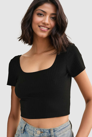 MWB Deep Round Neck Rib Short Sleeve Crop Top