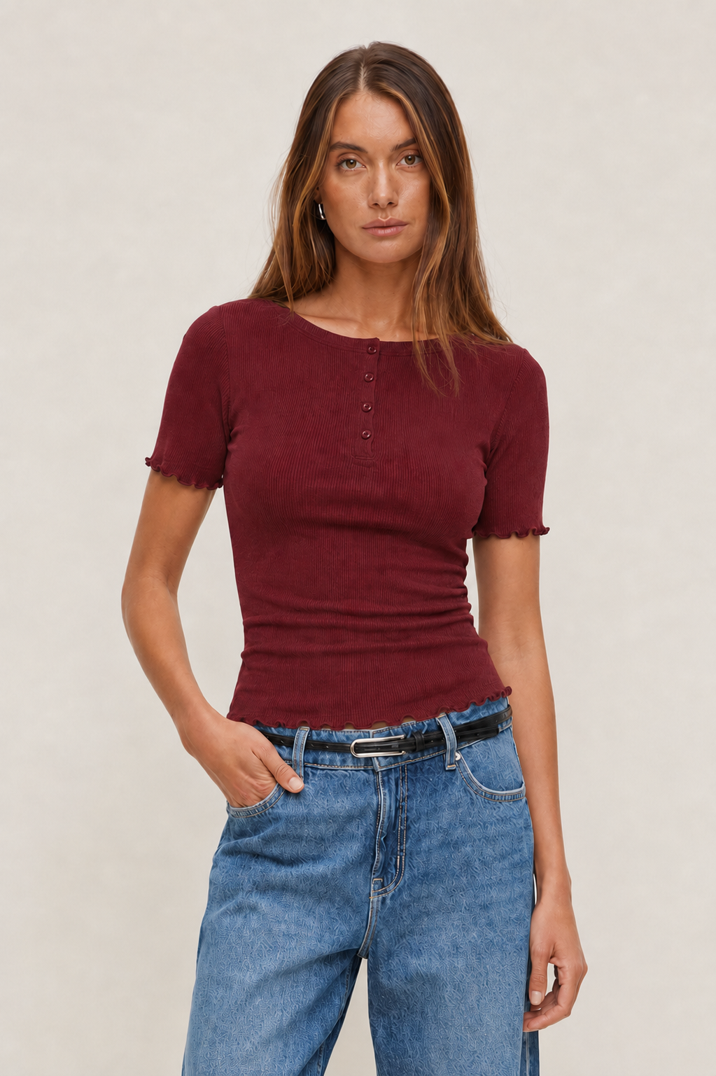 Short Sleeve BabyLock Button Rib Top MYWISHBAG
