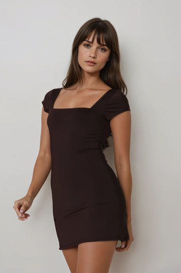MWB Open Back A-Line Mini Dress in Brown