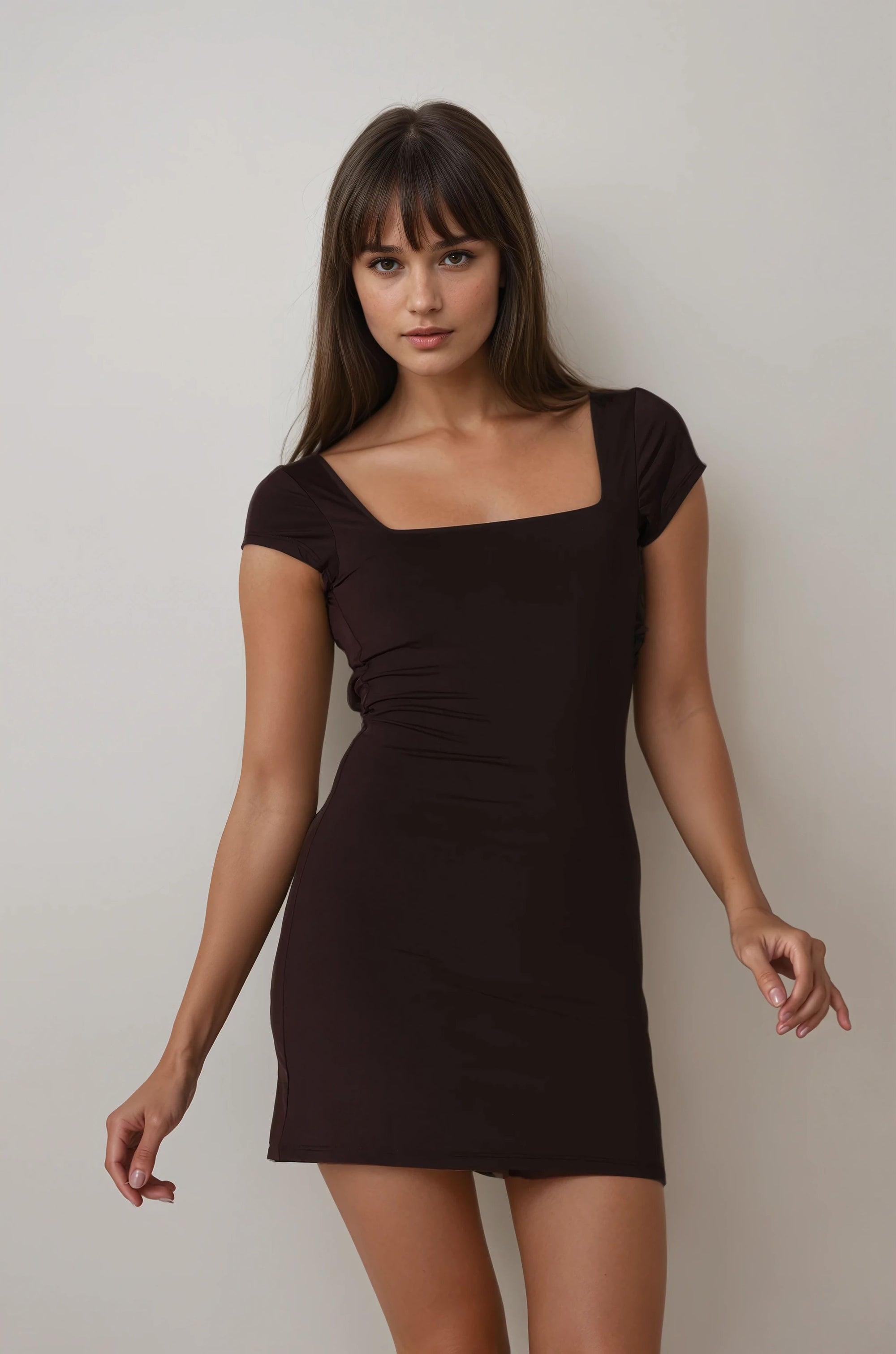 MWB Open Back A-Line Mini Dress in Brown