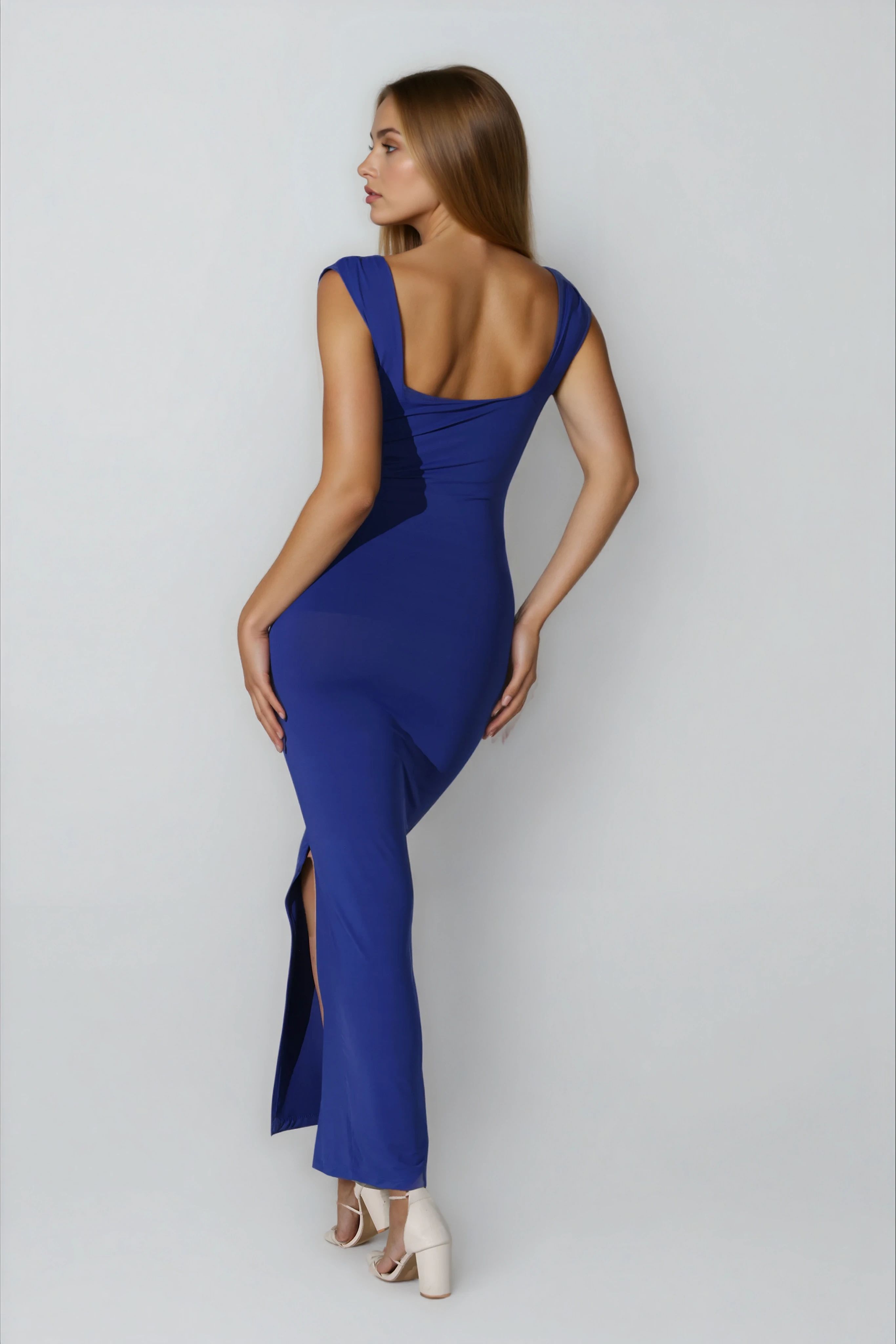 MWB Plunge Neck Maxi Dress in Blue