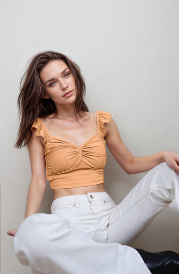 MWB Solid Twist Ruffle  Sleeve Crop Top