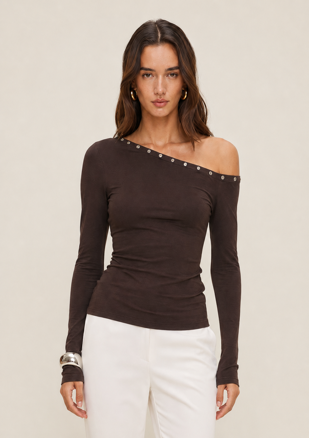 One Shoulder Top in Brown with Eyelets MYWISHBAG