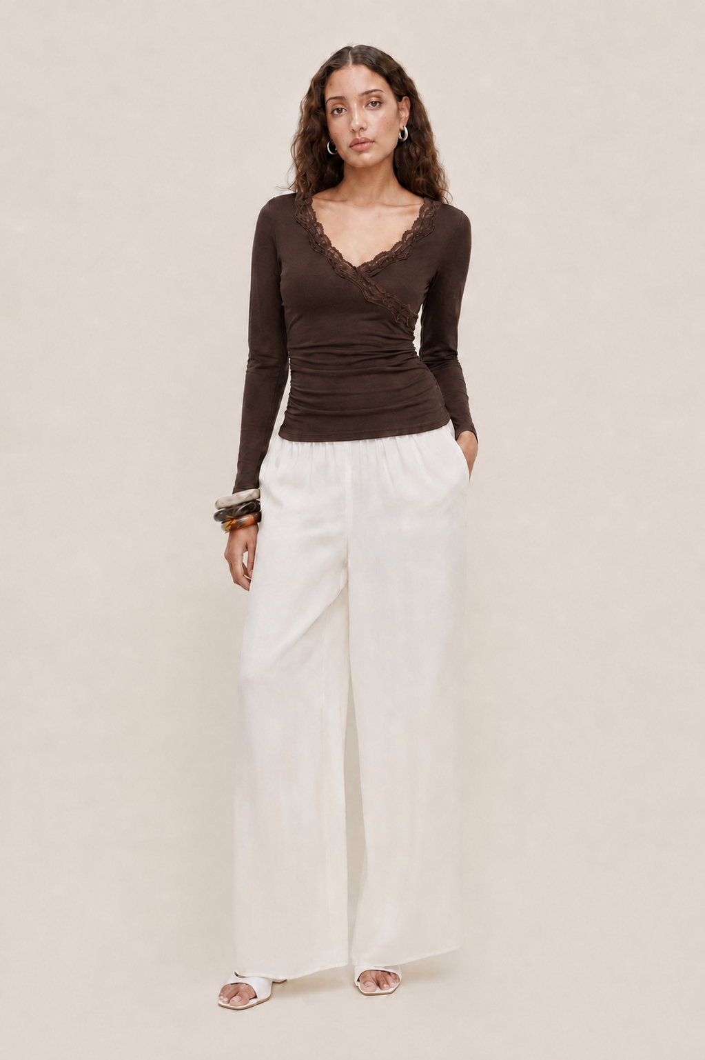 V-neck Solid Lace Trim Ruched Long Sleeve Top MYWISHBAG