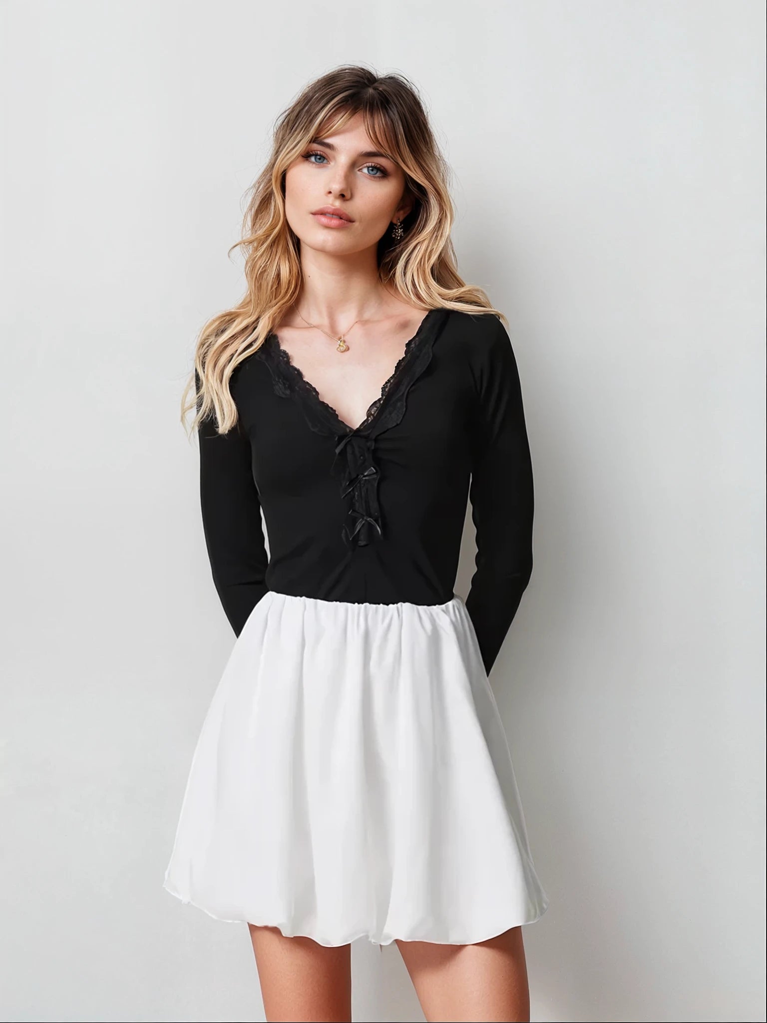 MWB V-Neck Ribbed Bow Top