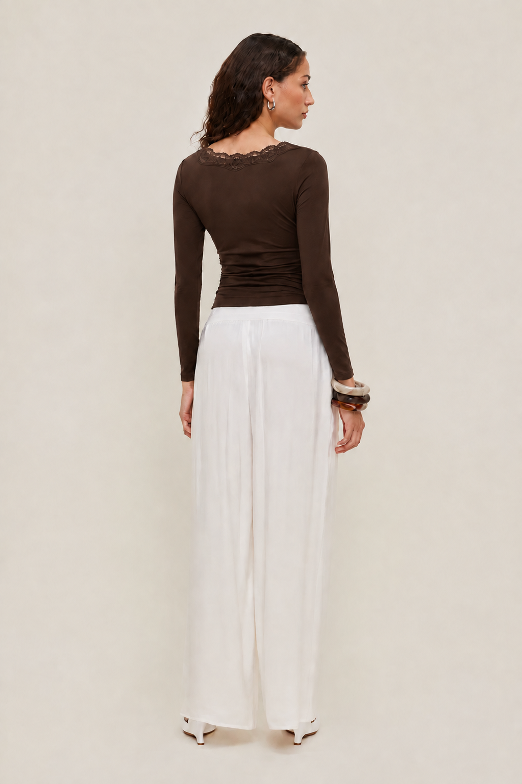 V-neck Solid Lace Trim Ruched Long Sleeve Top MYWISHBAG