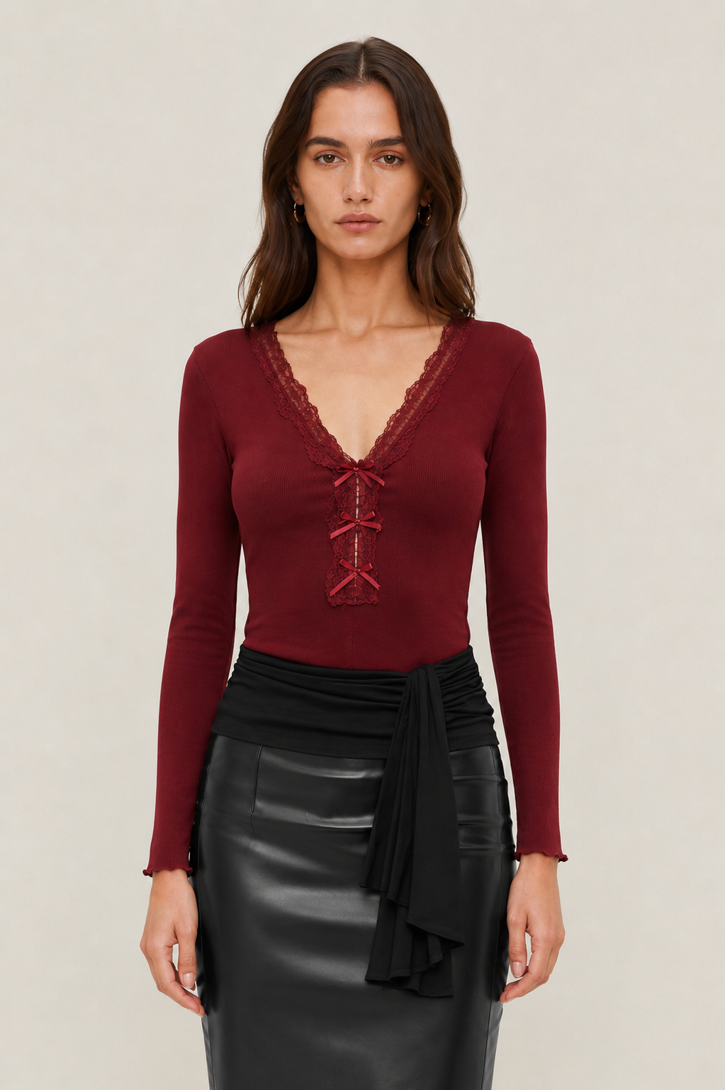 V-Neck Ribbed Bow Top MYWISHBAG