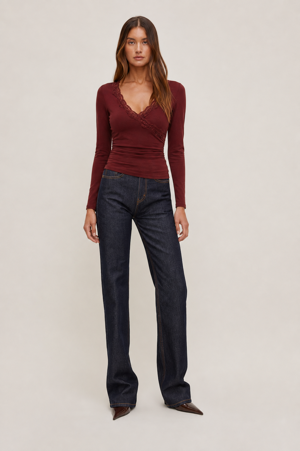 V-neck Solid Lace Trim Ruched Long Sleeve Top MYWISHBAG