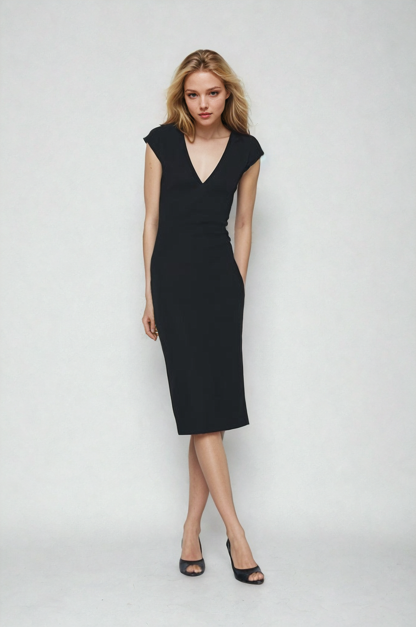 MWB Fitted V-Neck Midi Dress MYWISHBAG