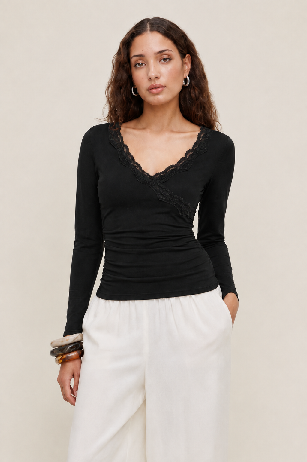 V-neck Solid Lace Trim Ruched Long Sleeve Top MYWISHBAG