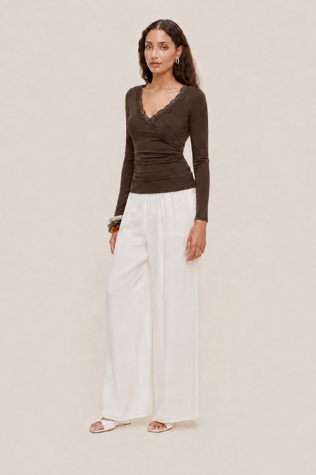 V-neck Solid Lace Trim Ruched Long Sleeve Top MYWISHBAG