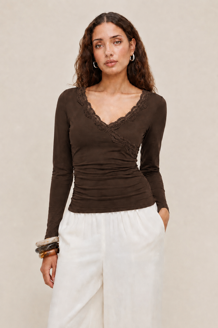 V-neck Solid Lace Trim Ruched Long Sleeve Top