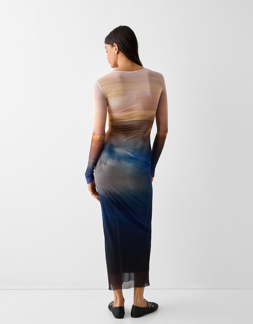 MWB Long Tulles Dress With Long Sleeve and Print MYWISHBAG