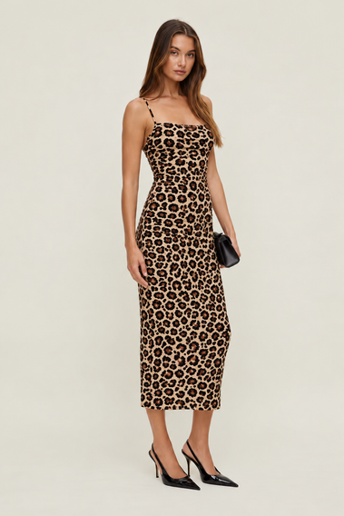 Leopard Print Ruched Mesh Midi Dress