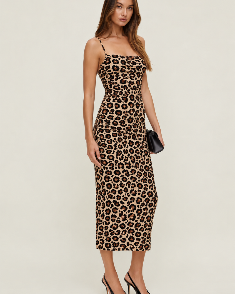 Leopard Print Ruched Mesh Midi Dress