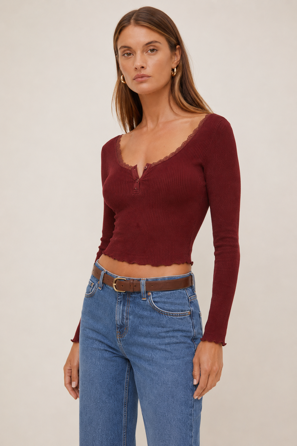 polo lace Trim Rib Top MYWISHBAG
