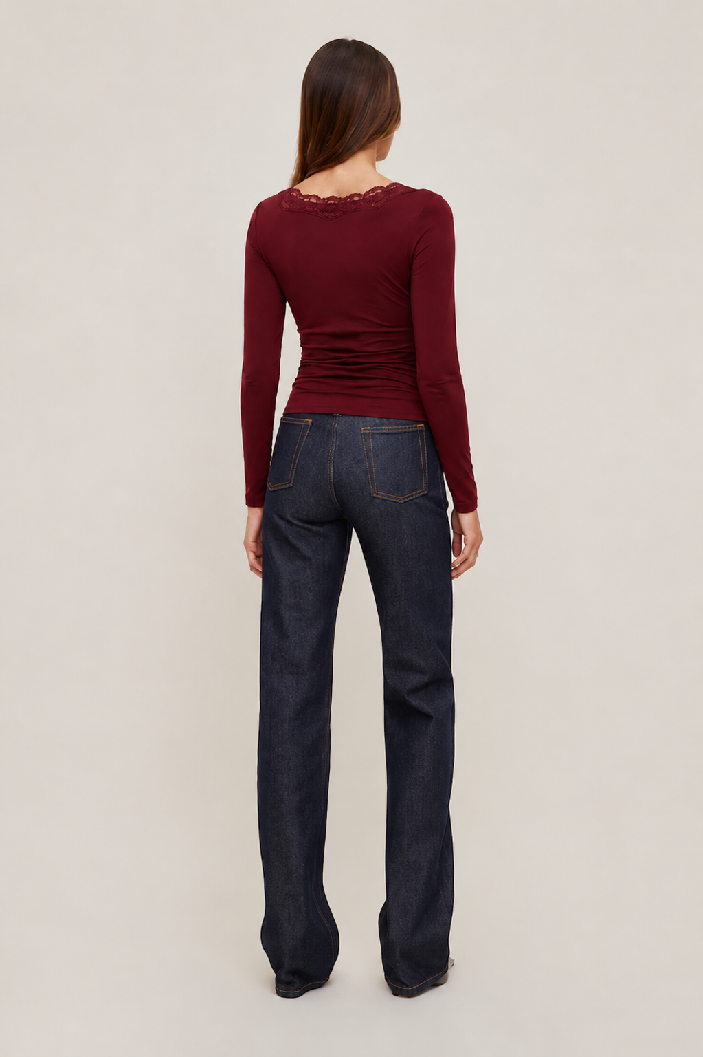 V-neck Solid Lace Trim Ruched Long Sleeve Top MYWISHBAG