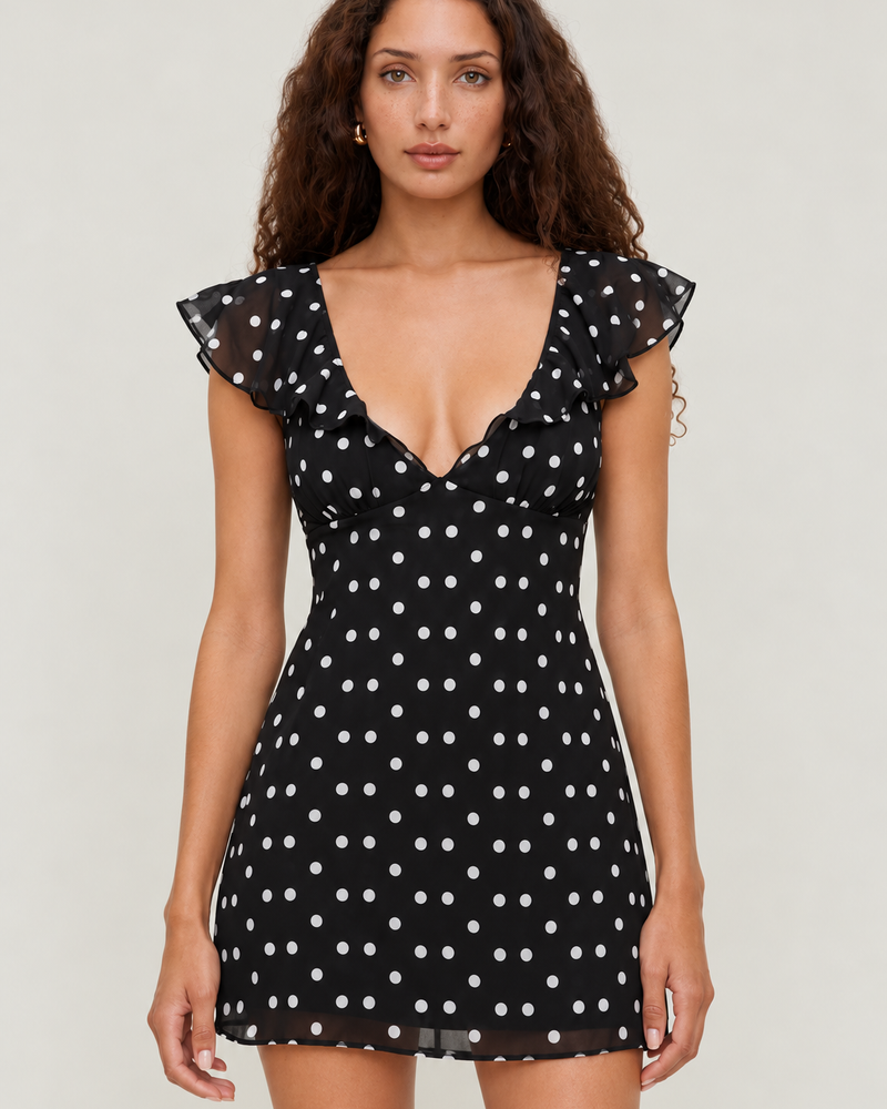 Chic Mini Dress in Black Polka Dot