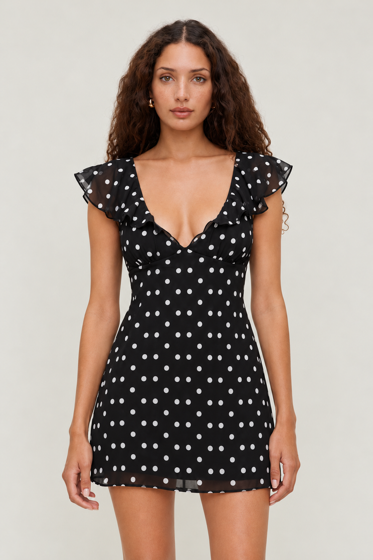 Chic Mini Dress in Black Polka Dot