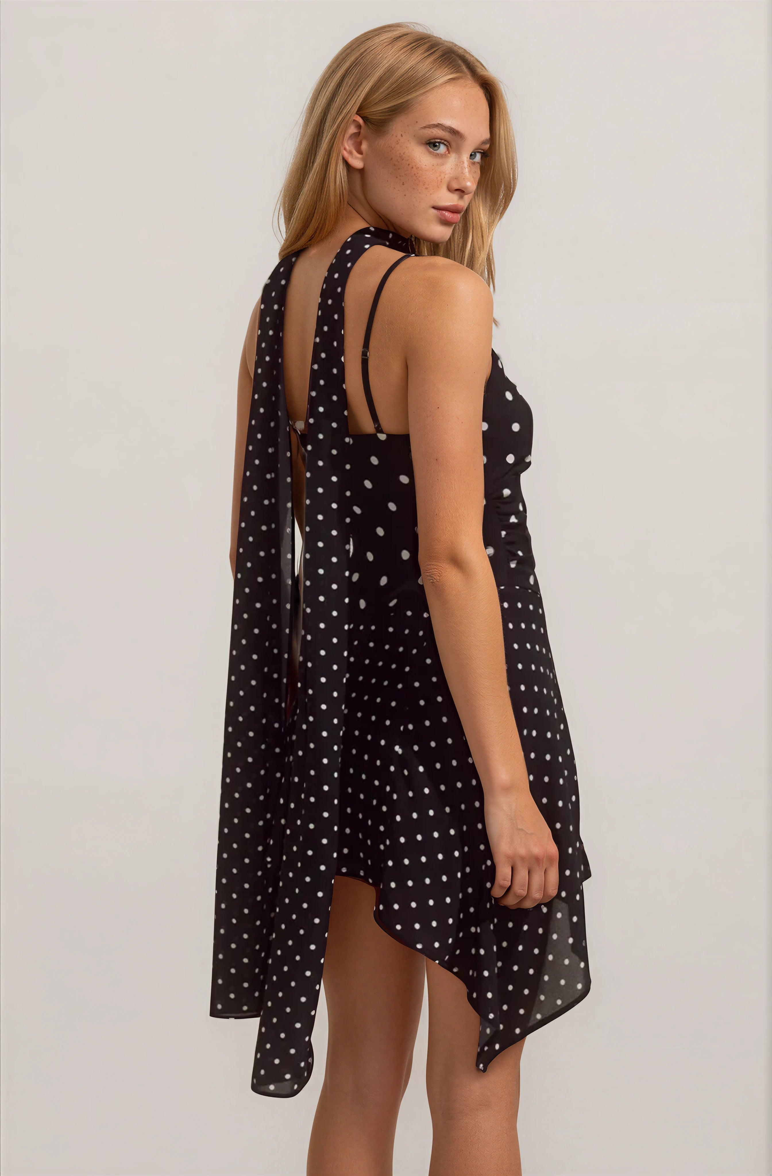 SCOOP NECK MINI DRESS - BLACK/WHITE POLKA