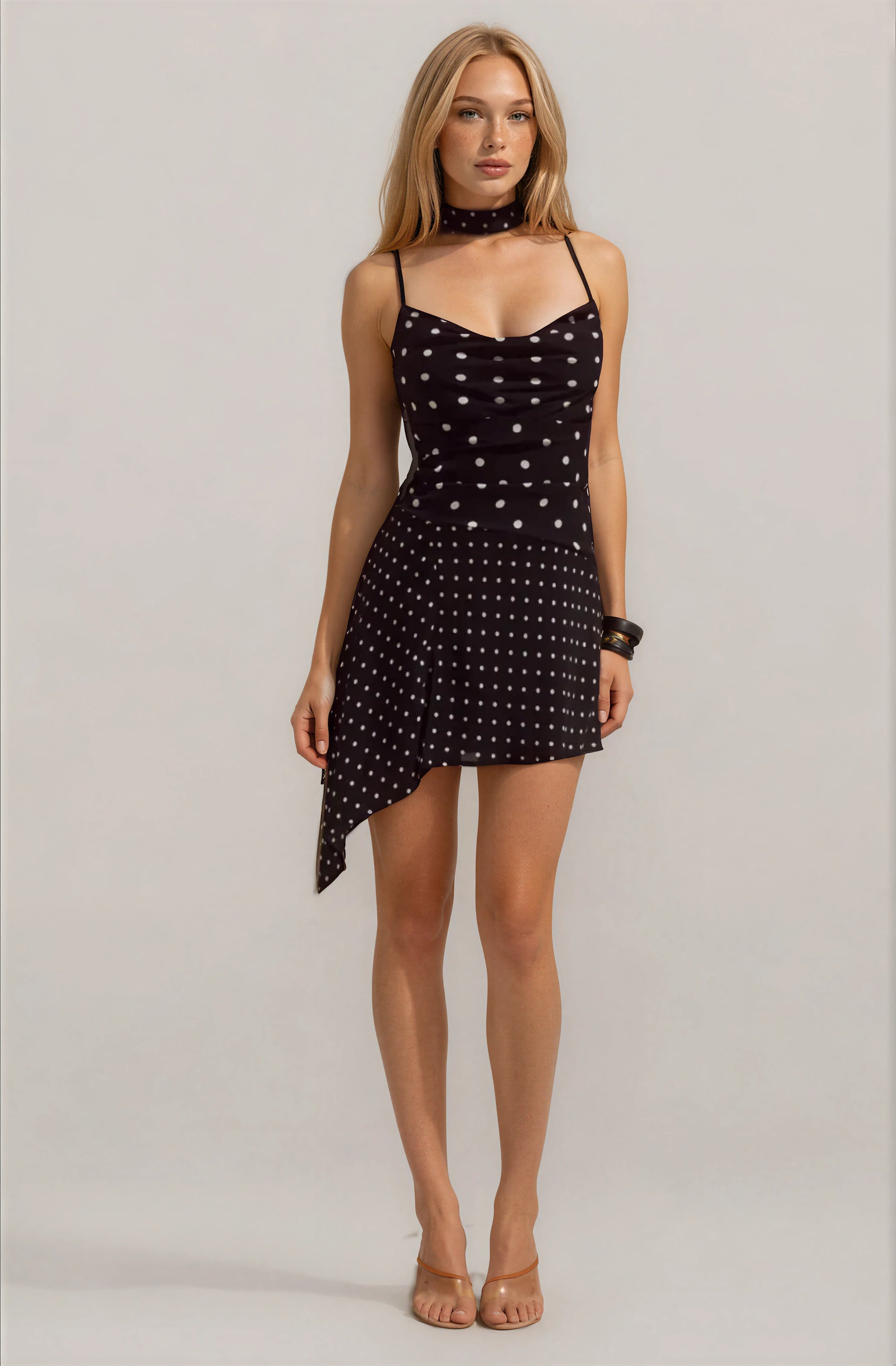 SCOOP NECK MINI DRESS - BLACK/WHITE POLKA