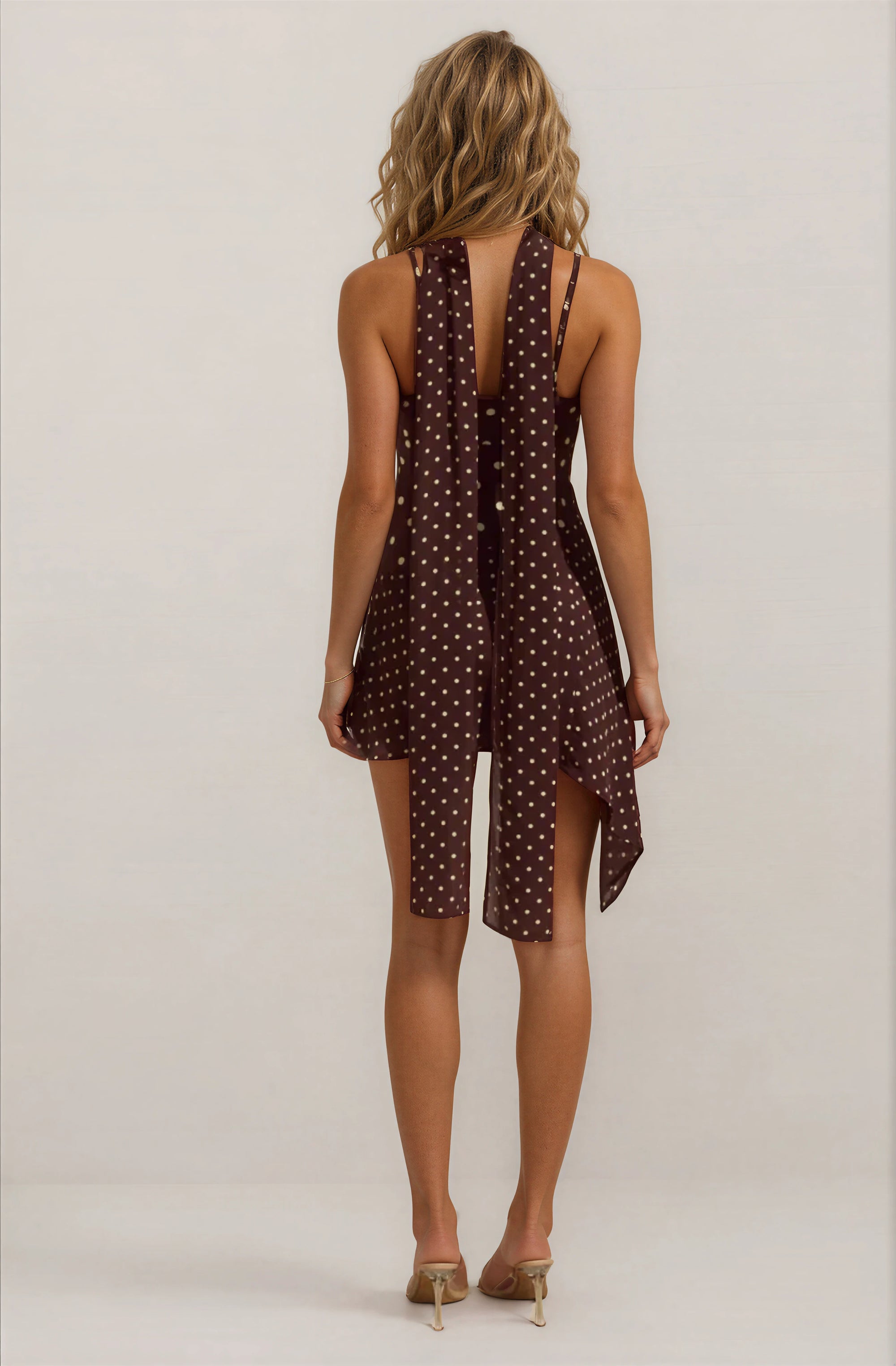 SCOOP NECK MINI DRESS - CHOC/LEMON POLKA