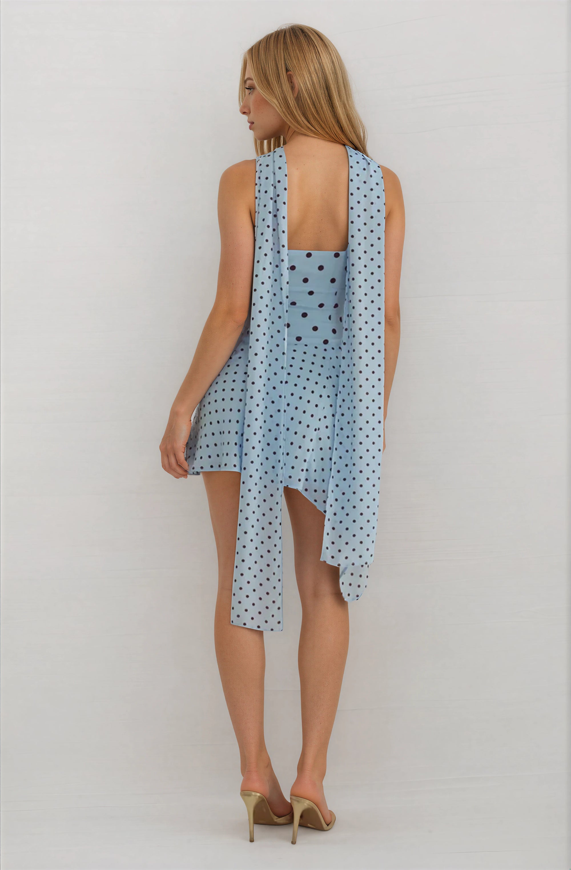 SCOOP NECK MINI DRESS - SKY/BLUE  POLKA