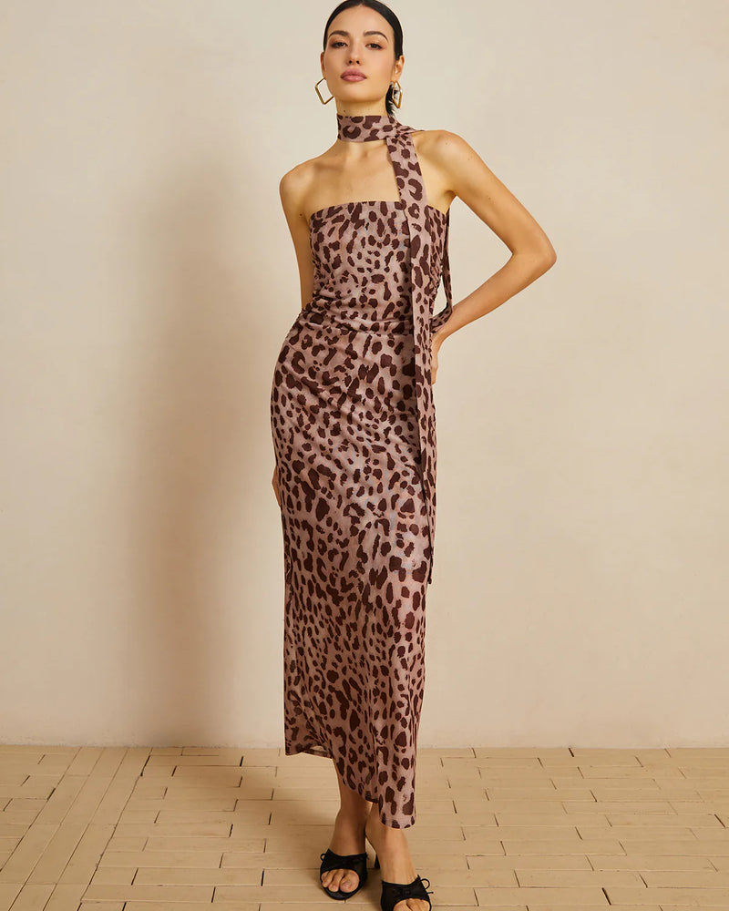 Leopard Print Mesh Halter Midi Dress