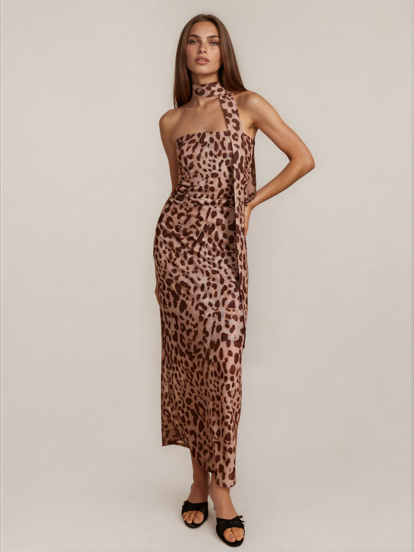 Leopard Print Mesh Halter Midi Dress