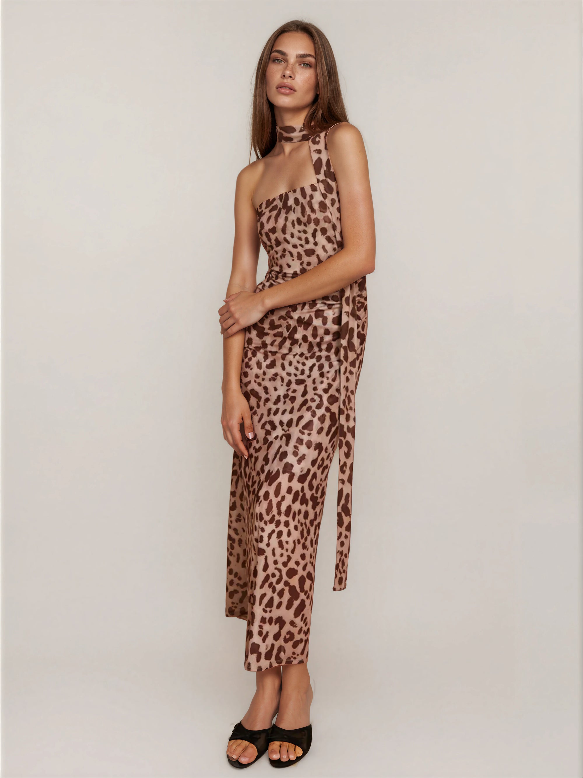 Leopard Print Mesh Halter Midi Dress