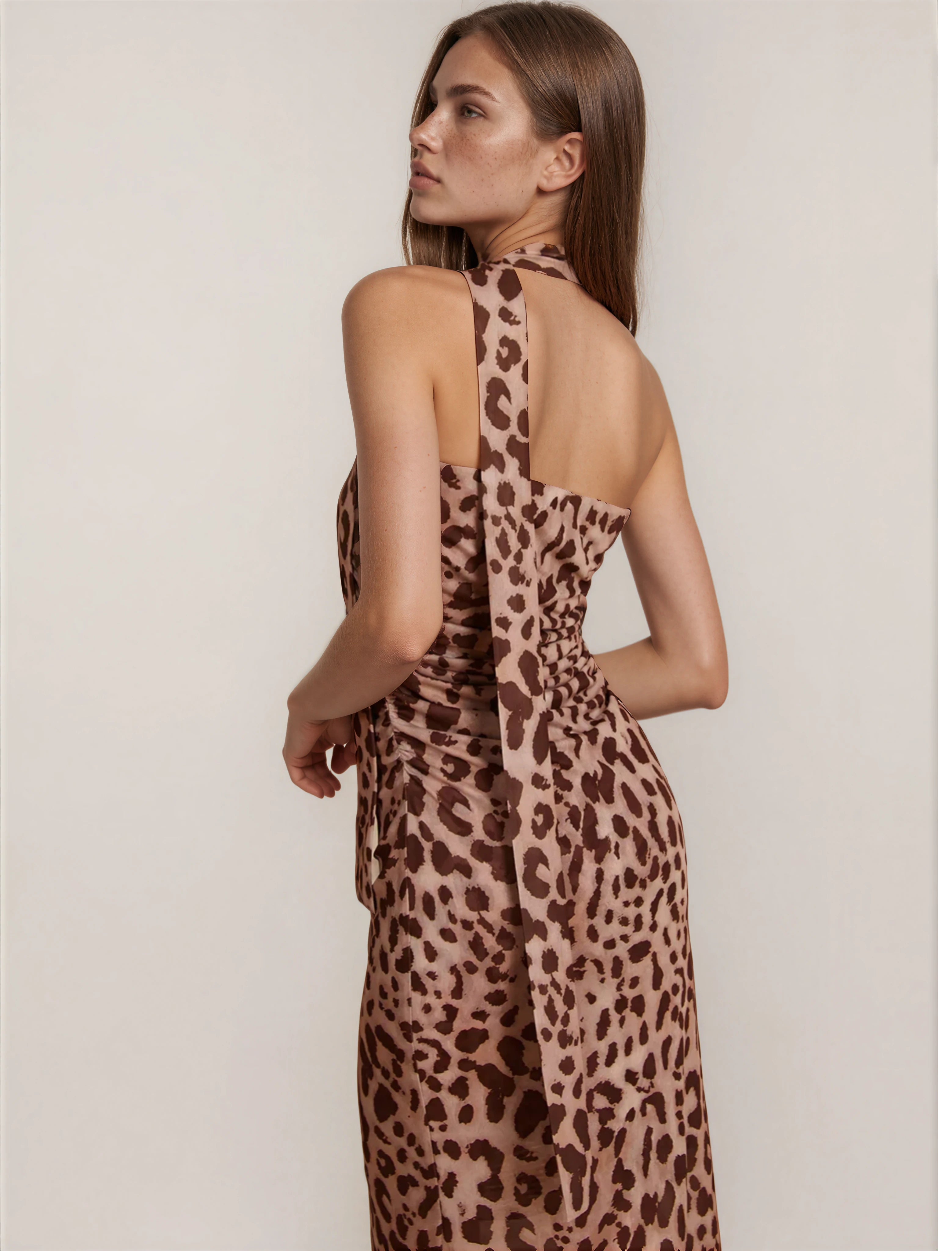 Leopard Print Mesh Halter Midi Dress