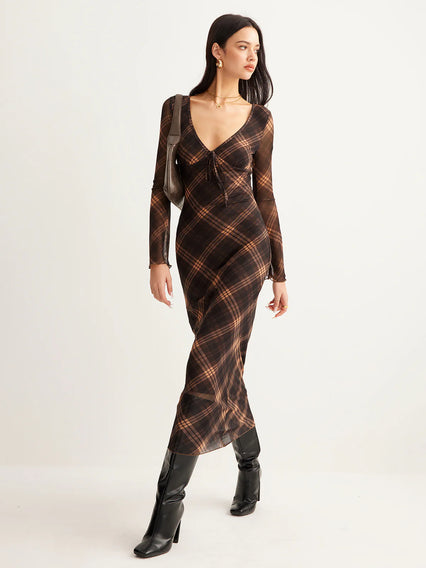 Semi-Sheer Checked Bell-Sleeve Mesh Dress