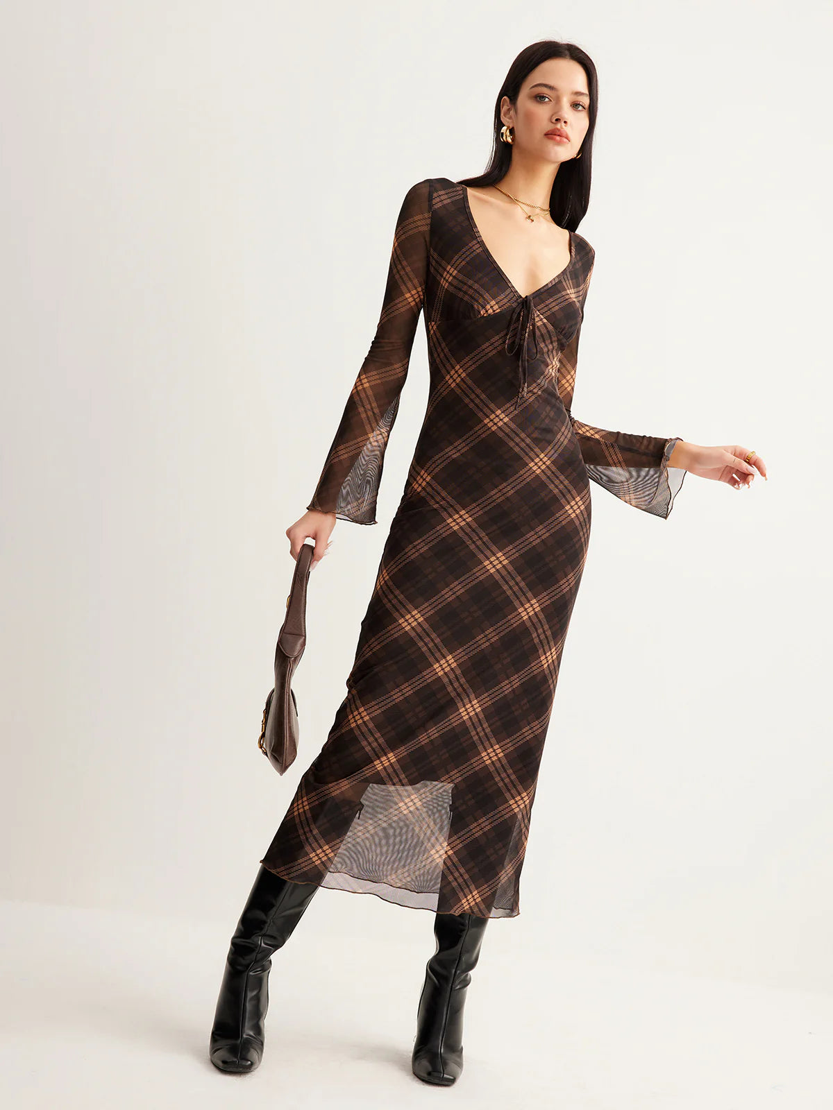 Semi-Sheer Checked Bell-Sleeve Mesh Dress