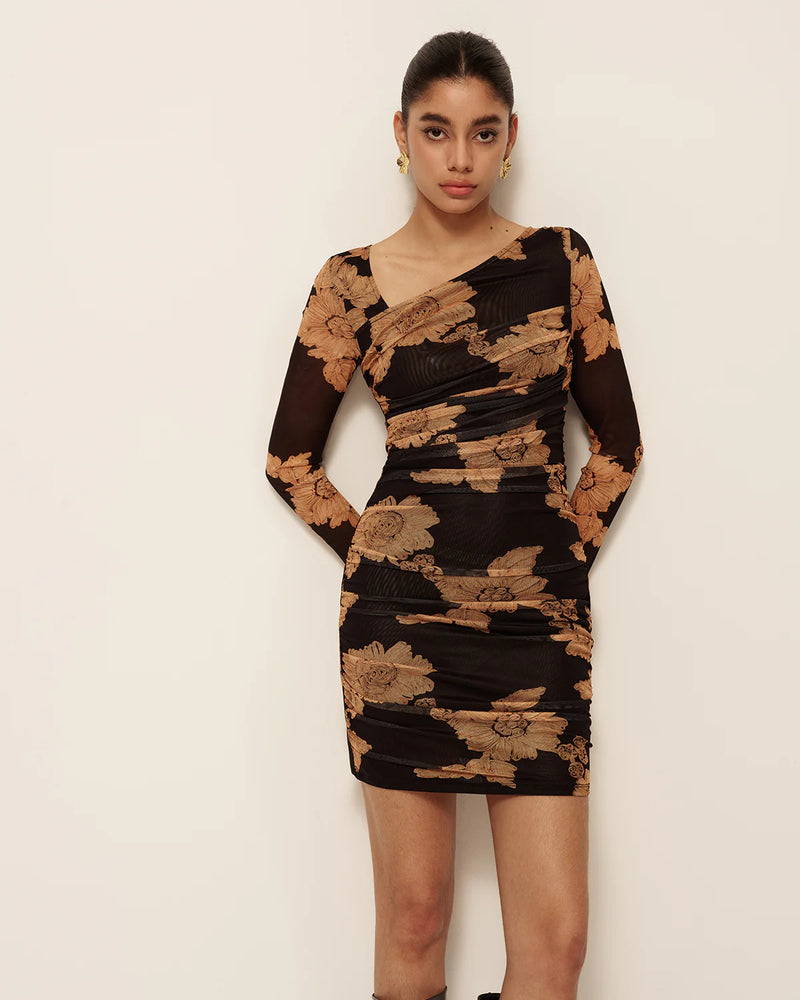 Asymmetrical Neck Long Sleeve Printed Dress